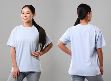 Image of Woman wearing light blue t-shirt on grey background, collage of photos. Front and back views