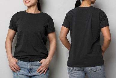 Image of Woman wearing black t-shirt on light grey background, collage of closeup photos. Front and back views