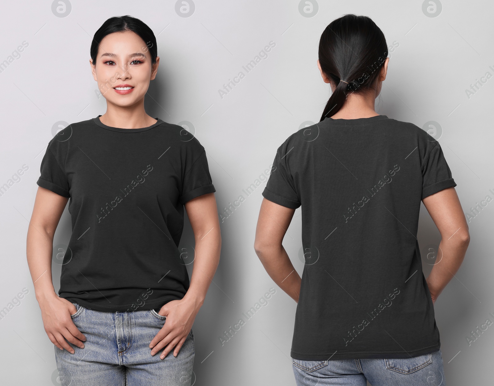 Image of Woman wearing black t-shirt on light grey background, collage of photos. Front and back views