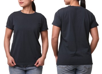 Woman wearing dark grey t-shirt on white background, collage of closeup photos. Front and back views