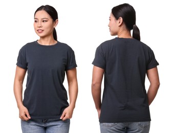 Image of Woman wearing dark grey t-shirt on white background, collage of photos. Front and back views