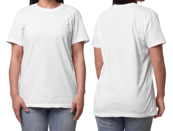 Image of Woman wearing white t-shirt on white background, collage of closeup photos. Front and back views