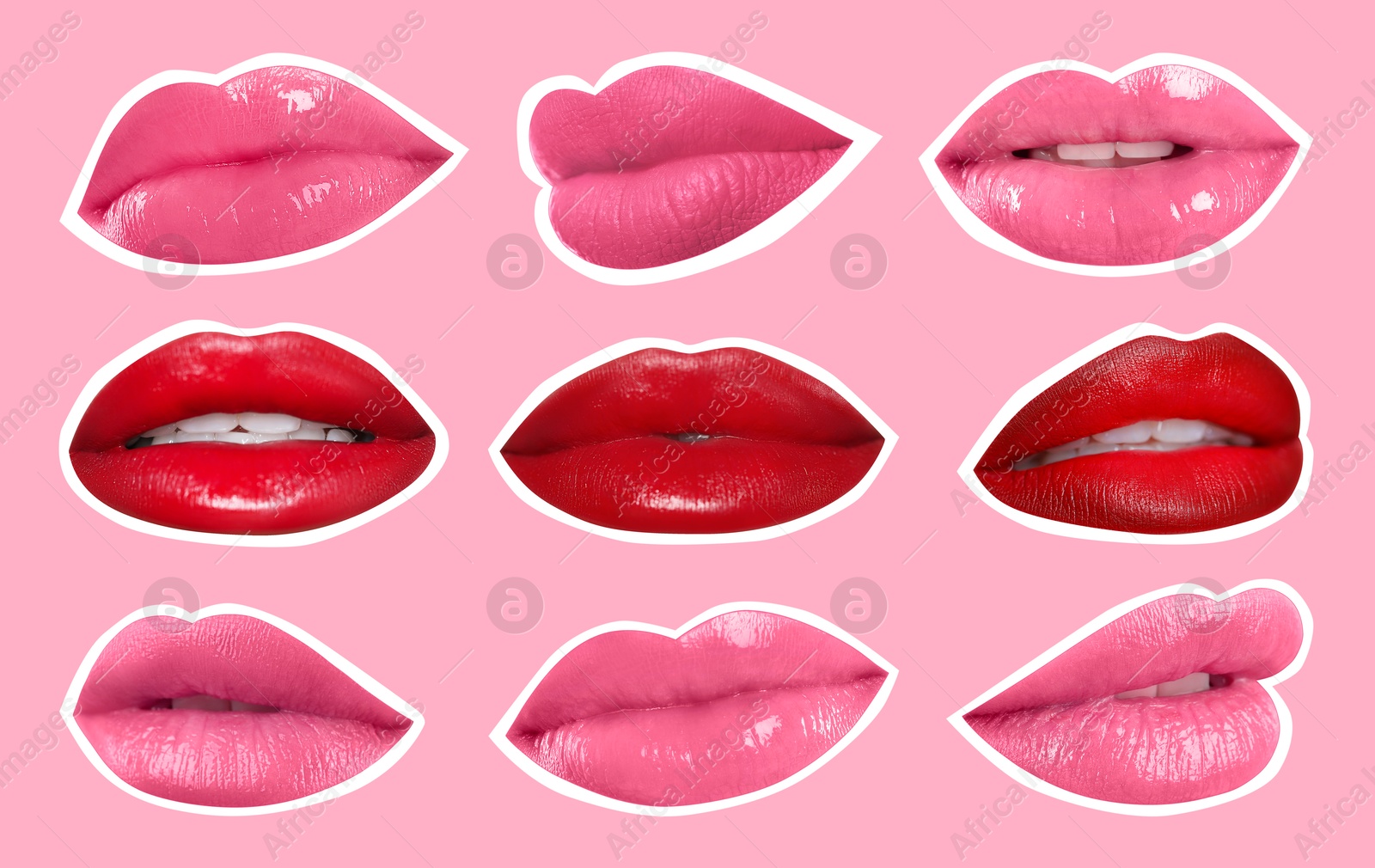 Image of Collage of magazine cutouts. Many beautiful female lips with white outline on pink background