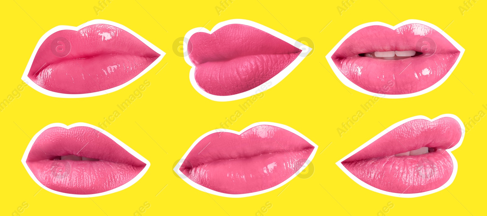 Image of Collage of magazine cutouts. Many beautiful female lips with white outline on yellow background