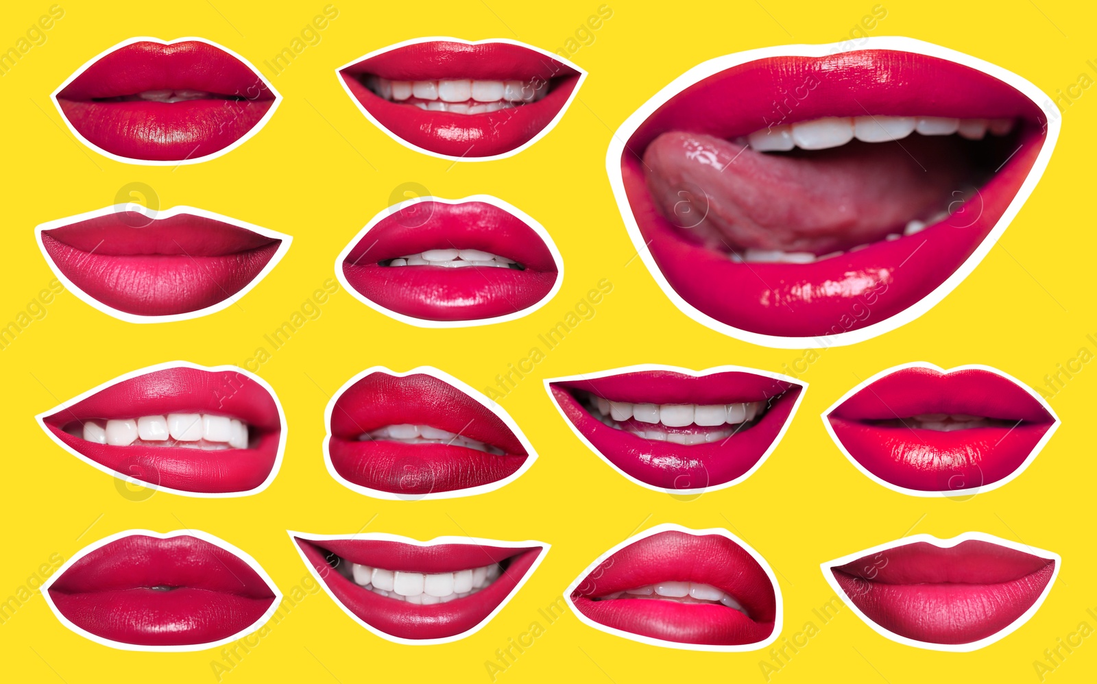 Image of Collage of magazine cutouts. Many beautiful female lips with white outline on yellow background