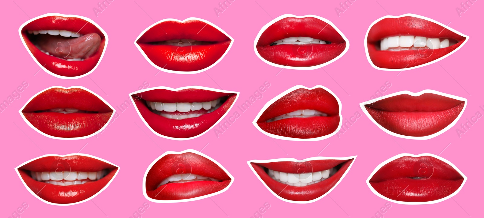 Image of Collage of magazine cutouts. Many beautiful female lips with white outline on pink background