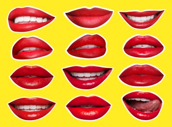Collage of magazine cutouts. Many beautiful female lips with white outline on yellow background