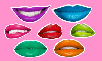 Image of Collage of bright women's lips with white outline on pink background. Magazine cutout, stylish design