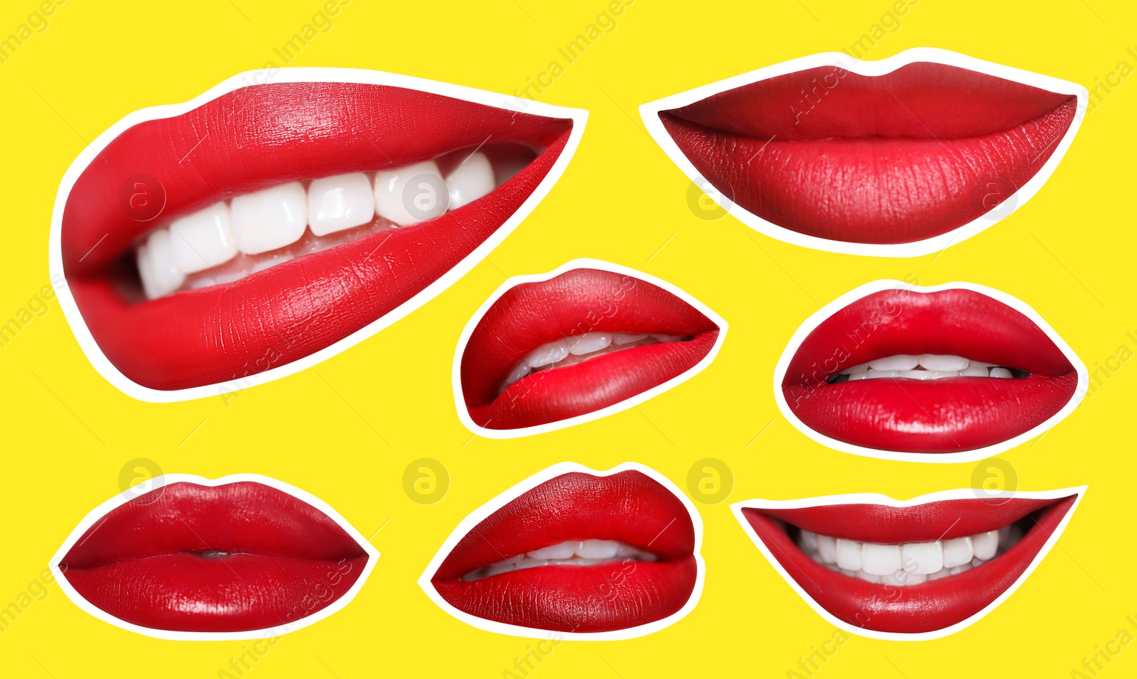 Image of Collage of magazine cutouts. Many beautiful female lips with white outline on yellow background