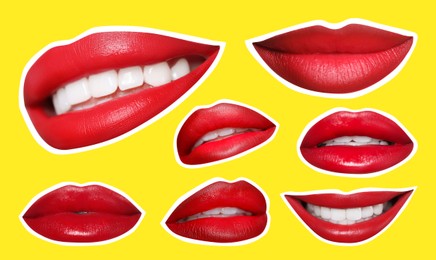 Image of Collage of magazine cutouts. Many beautiful female lips with white outline on yellow background