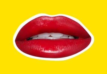 Image of Red woman's lips with white outline on yellow background. Magazine cutout, stylish design