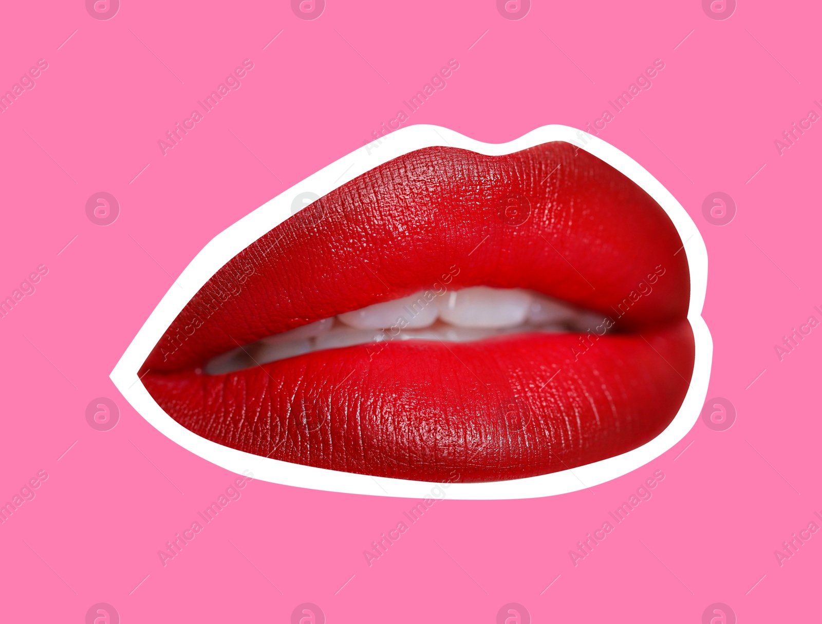 Image of Red woman's lips with white outline on pink background. Magazine cutout, stylish design