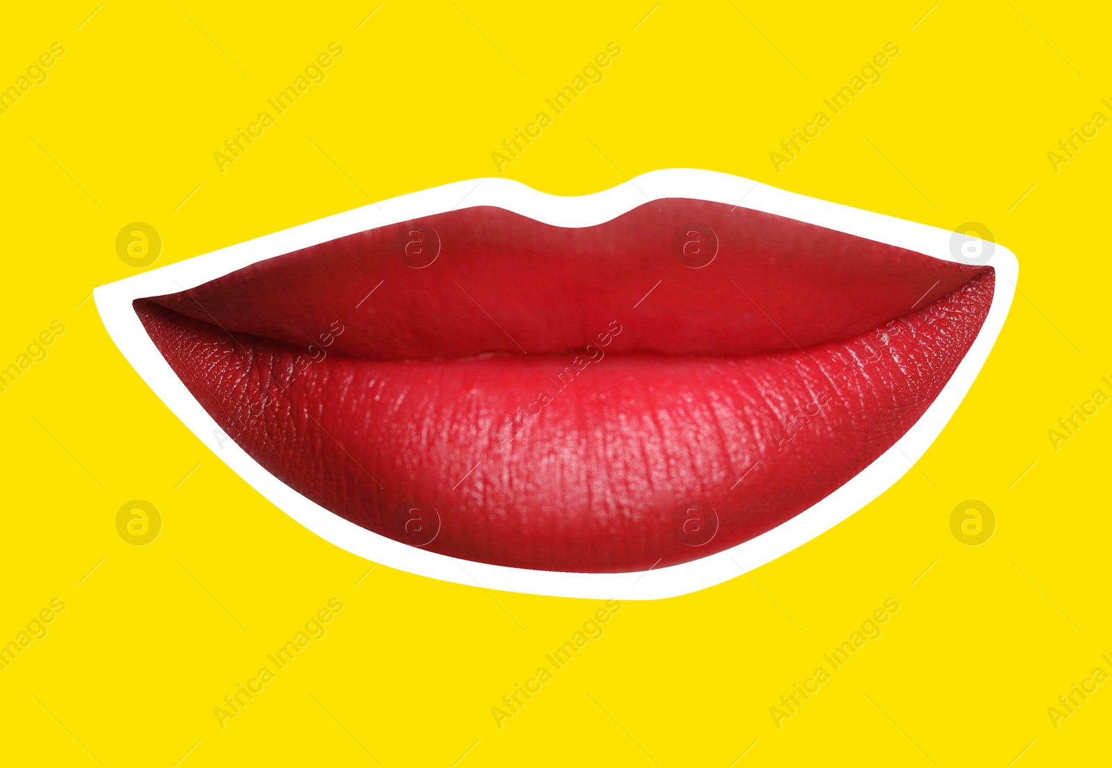 Image of Red woman's lips with white outline on yellow background. Magazine cutout, stylish design