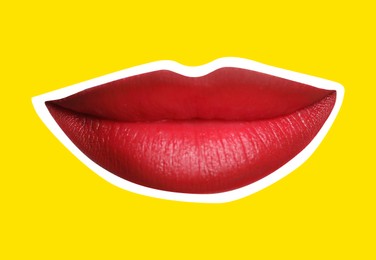 Red woman's lips with white outline on yellow background. Magazine cutout, stylish design