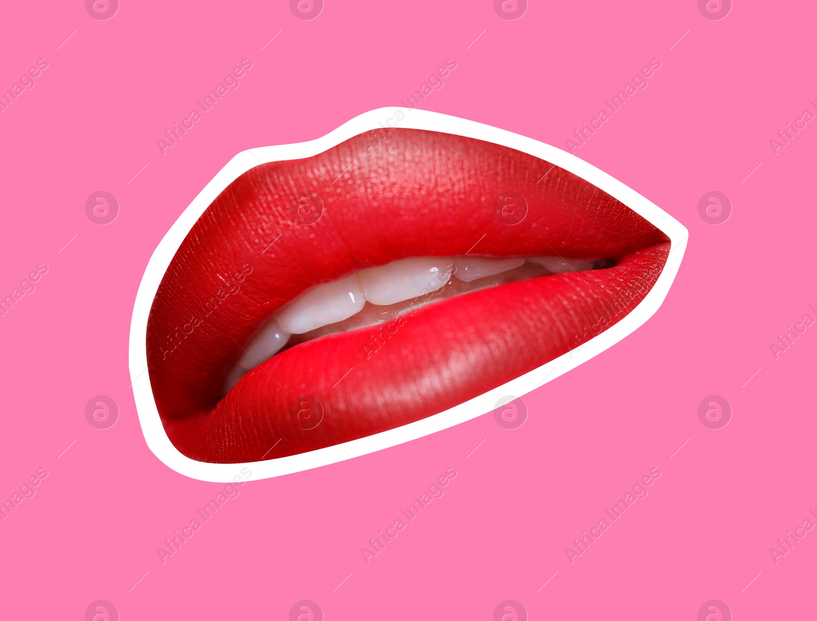 Image of Red woman's lips with white outline on pink background. Magazine cutout, stylish design