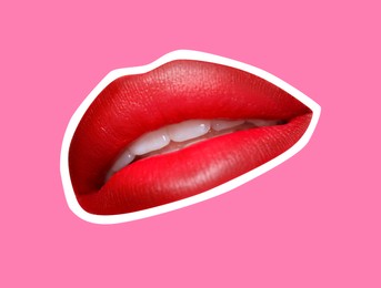 Red woman's lips with white outline on pink background. Magazine cutout, stylish design