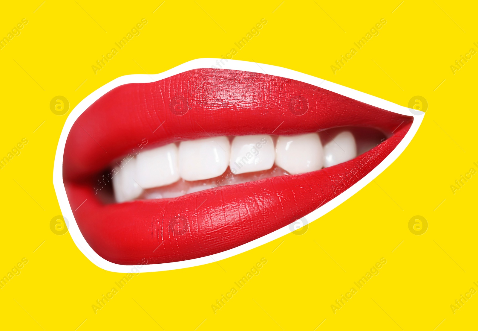 Image of Red woman's lips with white outline on yellow background. Magazine cutout, stylish design