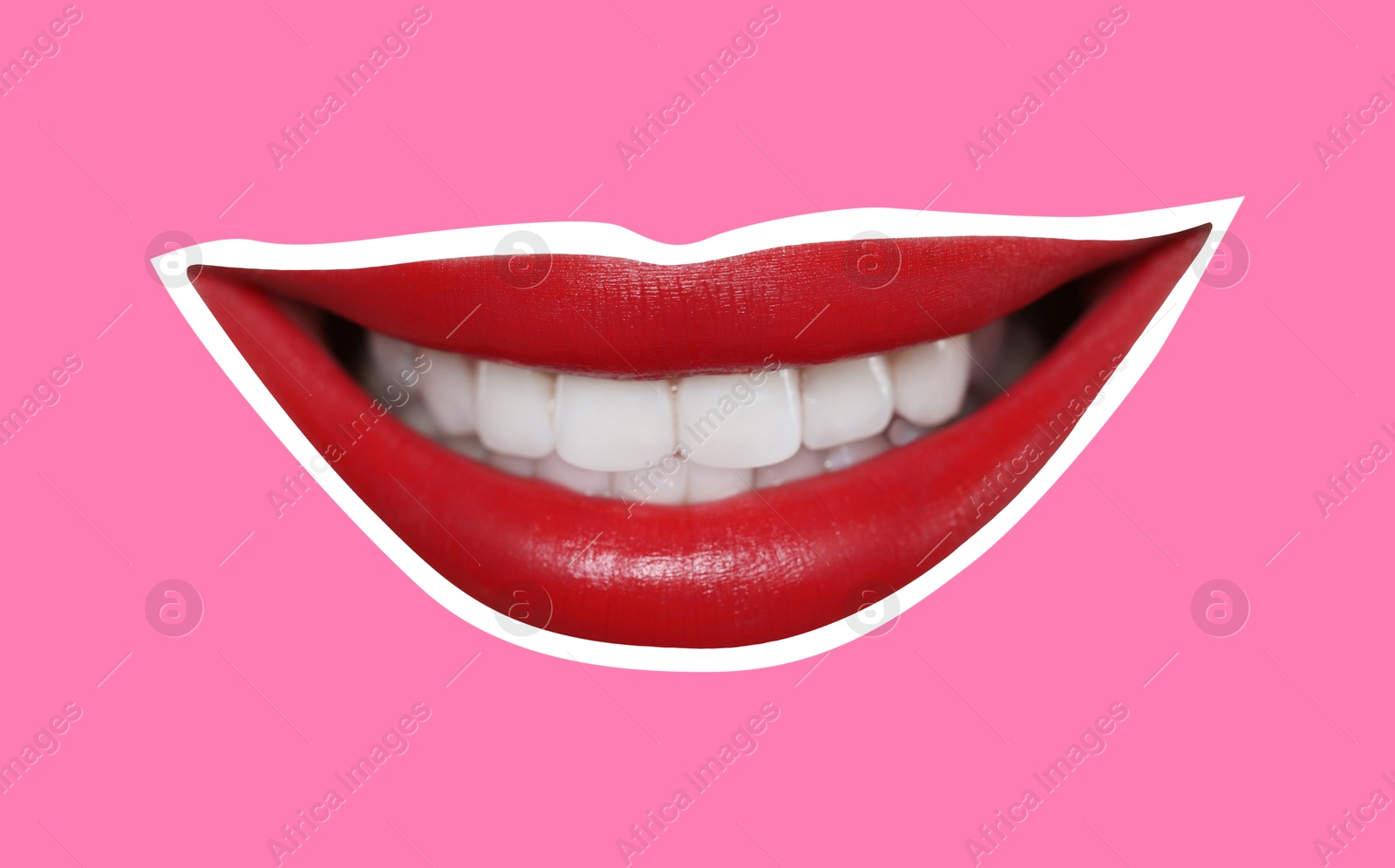 Image of Red woman's lips with white outline on pink background. Magazine cutout, stylish design