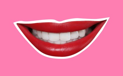 Red woman's lips with white outline on pink background. Magazine cutout, stylish design