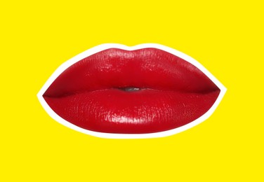 Image of Red woman's lips with white outline on yellow background. Magazine cutout, stylish design