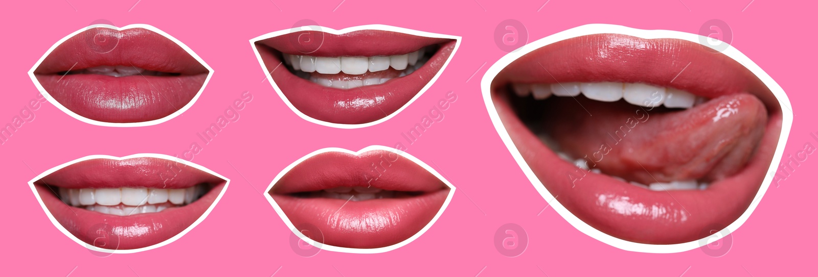 Image of Collage of magazine cutouts. Many beautiful female lips with white outline on pink background