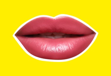 Beautiful woman's lips with white outline on yellow background. Magazine cutout, stylish design