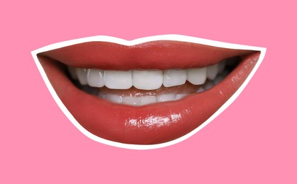 Beautiful woman's lips with white outline on pink background. Magazine cutout, stylish design