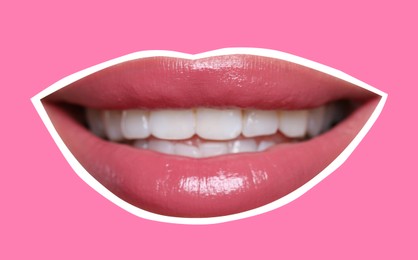 Beautiful woman's lips with white outline on pink background. Magazine cutout, stylish design