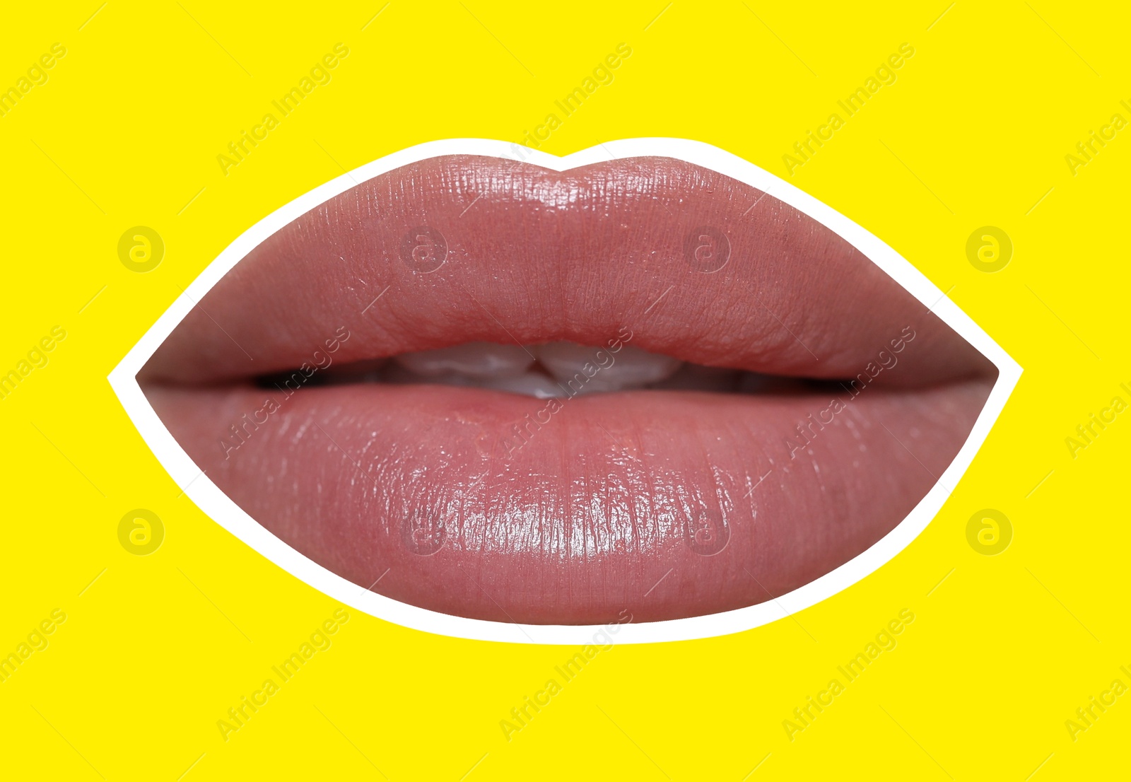 Image of Beautiful woman's lips with white outline on yellow background. Magazine cutout, stylish design