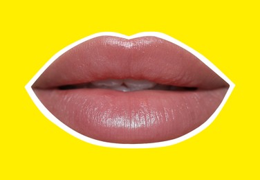 Beautiful woman's lips with white outline on yellow background. Magazine cutout, stylish design