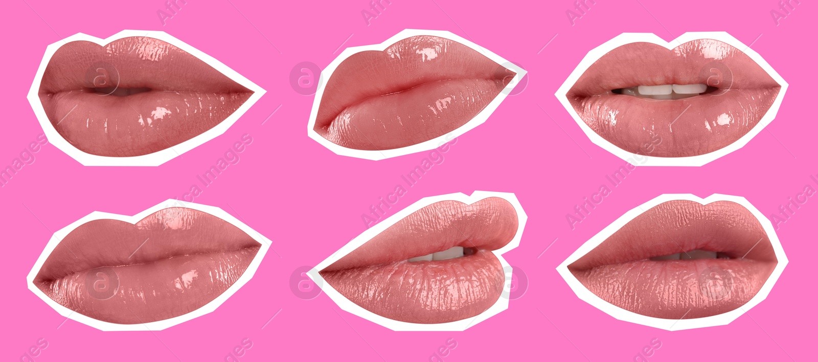 Image of Collage of magazine cutouts. Many beautiful female lips with white outline on pink background