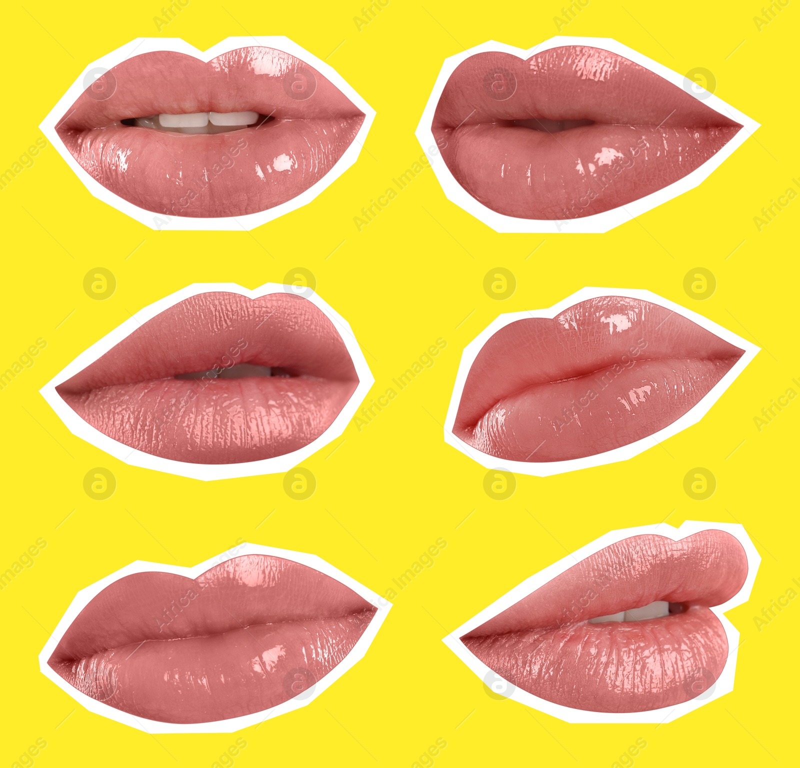 Image of Collage of magazine cutouts. Many beautiful female lips with white outline on yellow background