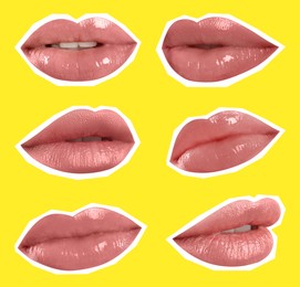 Collage of magazine cutouts. Many beautiful female lips with white outline on yellow background