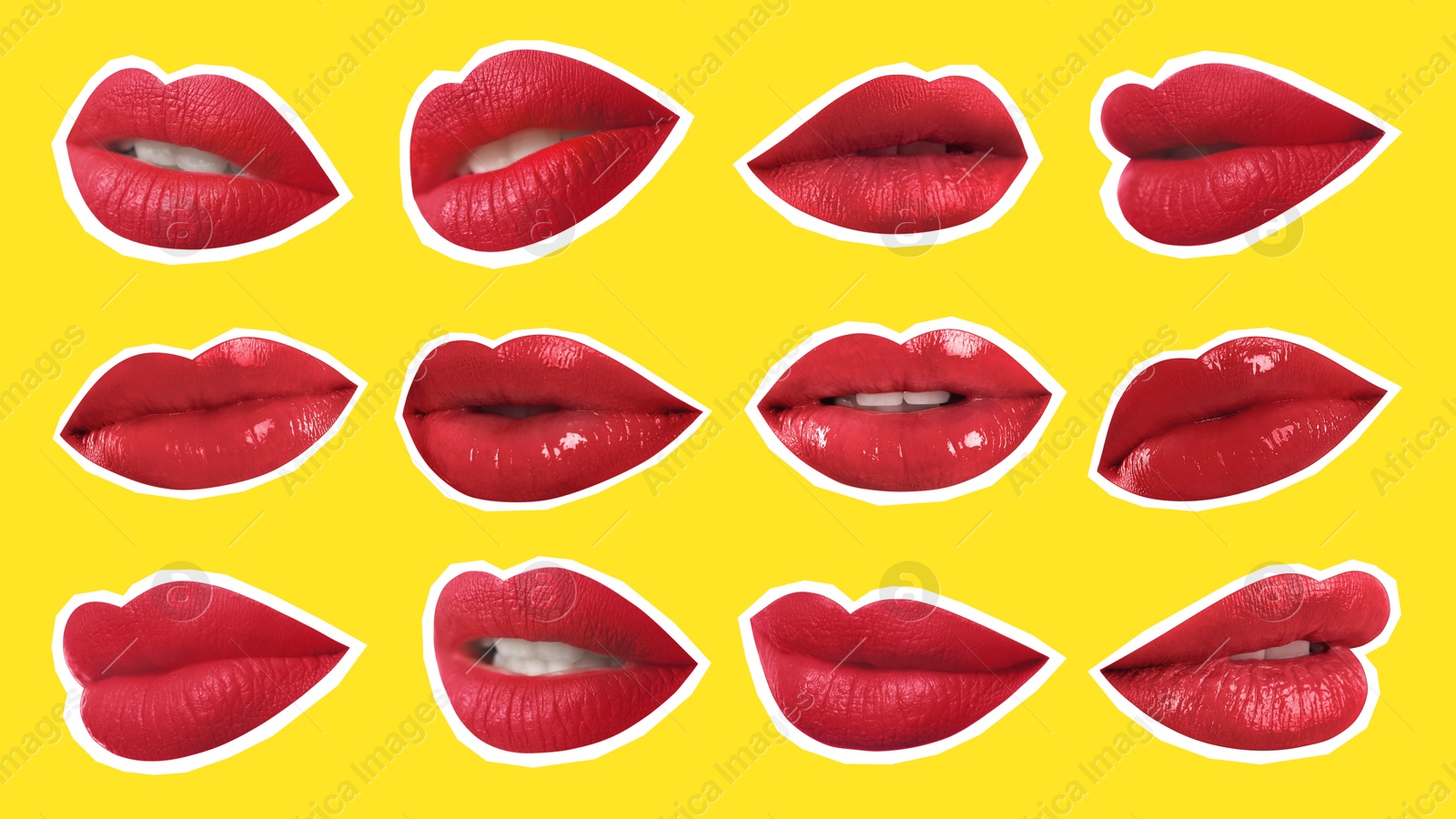 Image of Collage of magazine cutouts. Many beautiful female lips with white outline on yellow background