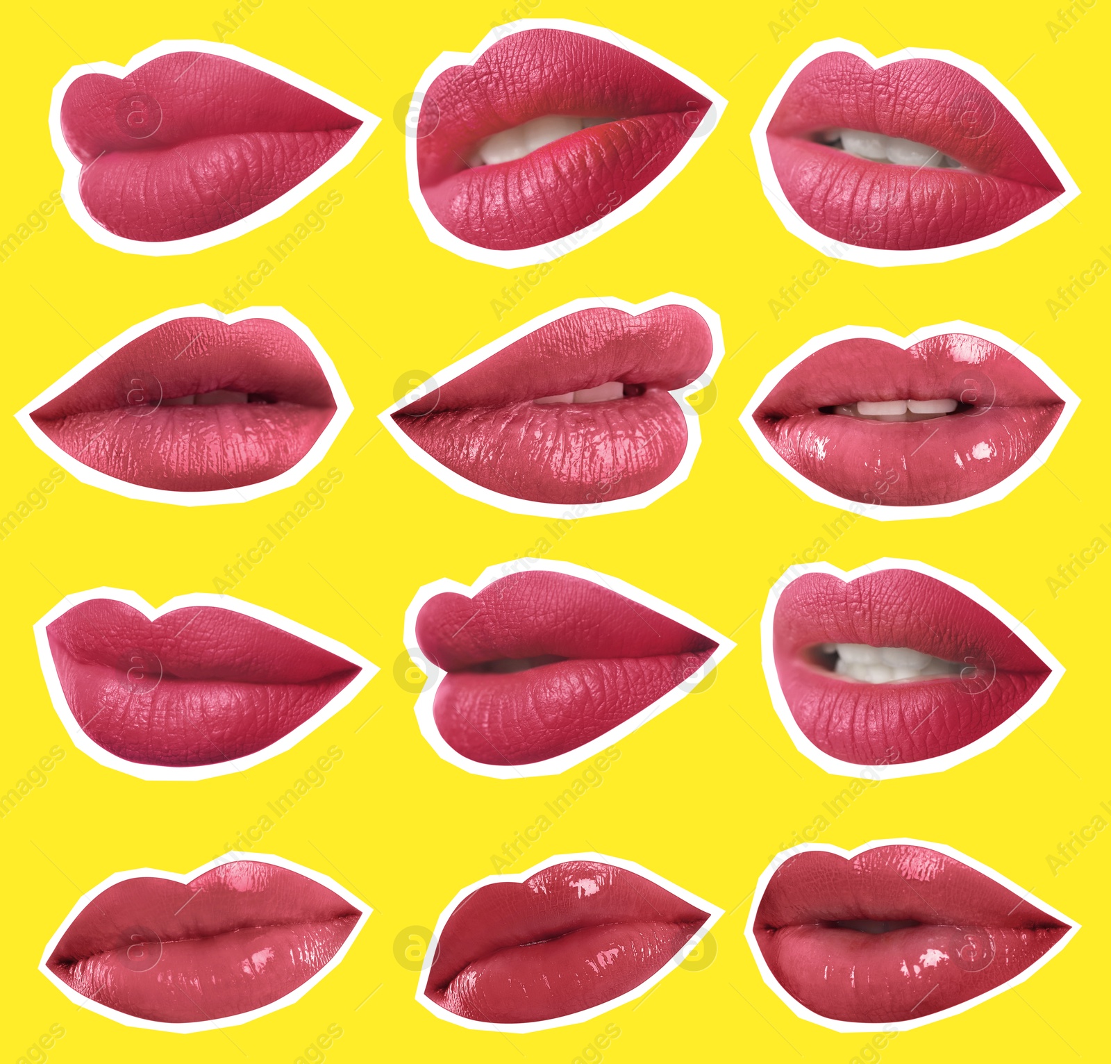 Image of Collage of magazine cutouts. Many beautiful female lips with white outline on yellow background