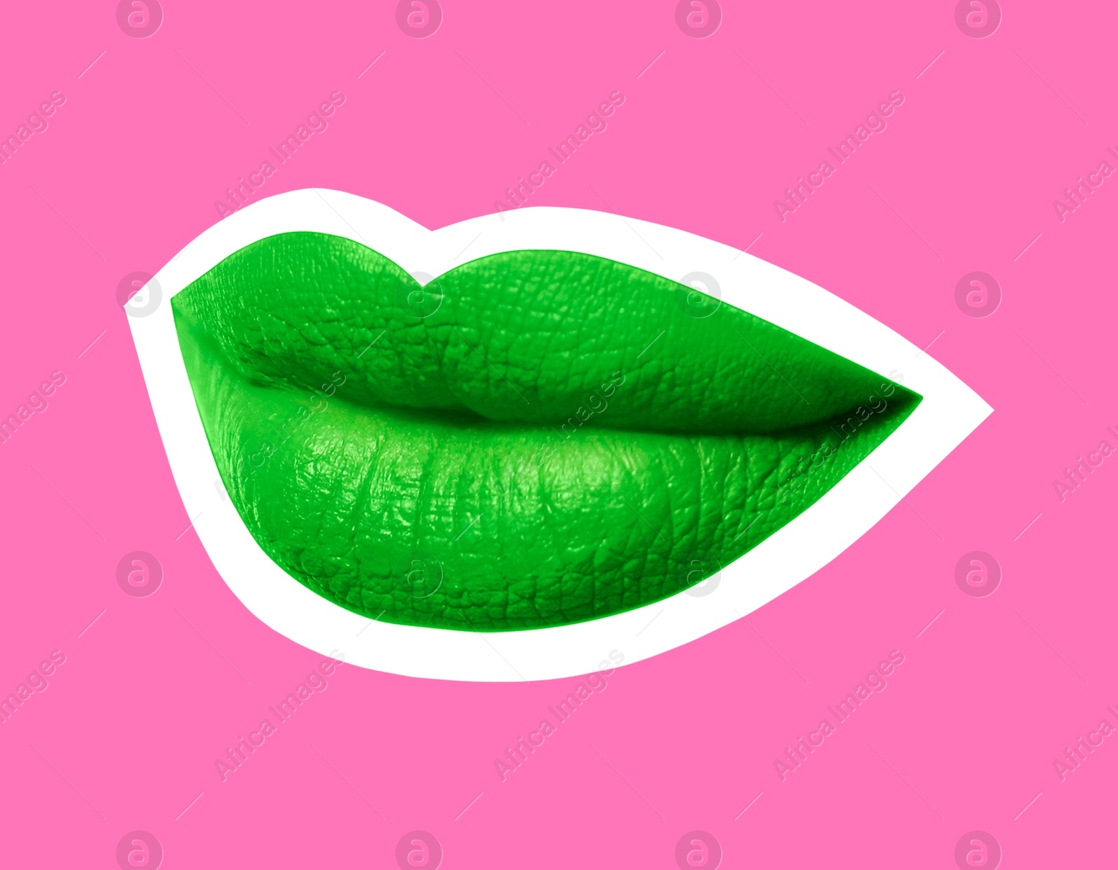 Image of Woman's lips with green lipstick and white outline on pink background. Magazine cutout, stylish design
