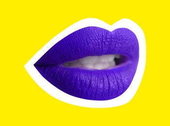 Image of Woman's lips with bright lipstick and white outline on yellow background. Magazine cutout, stylish design