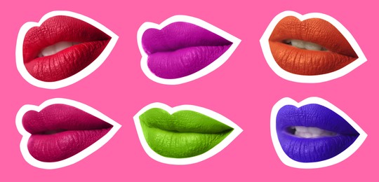 Image of Collage of bright women's lips with white outline on pink background. Magazine cutout, stylish design