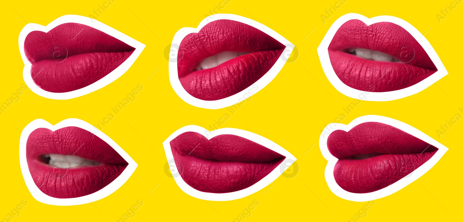 Image of Collage of magazine cutouts. Many beautiful female lips with white outline on yellow background