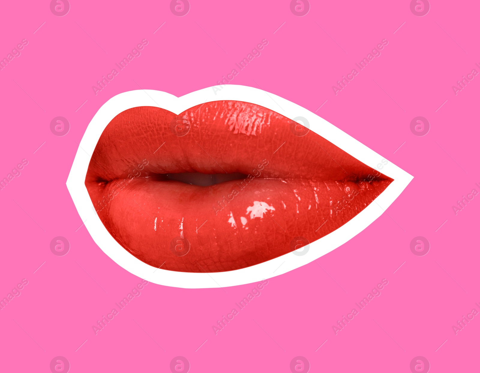 Image of Beautiful woman's lips with white outline on pink background. Magazine cutout, stylish design