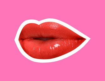 Beautiful woman's lips with white outline on pink background. Magazine cutout, stylish design