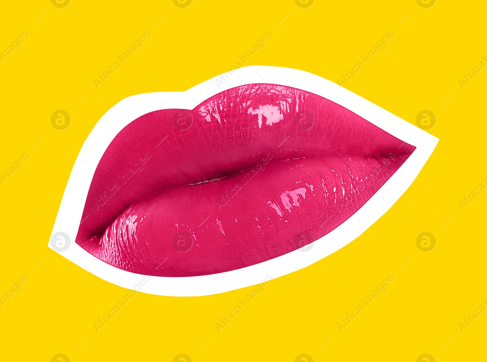 Image of Beautiful woman's lips with white outline on yellow background. Magazine cutout, stylish design