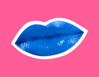 Woman's lips with blue lipstick and white outline on pink background. Magazine cutout, stylish design