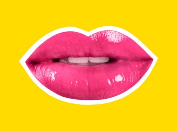 Image of Beautiful woman's lips with white outline on yellow background. Magazine cutout, stylish design