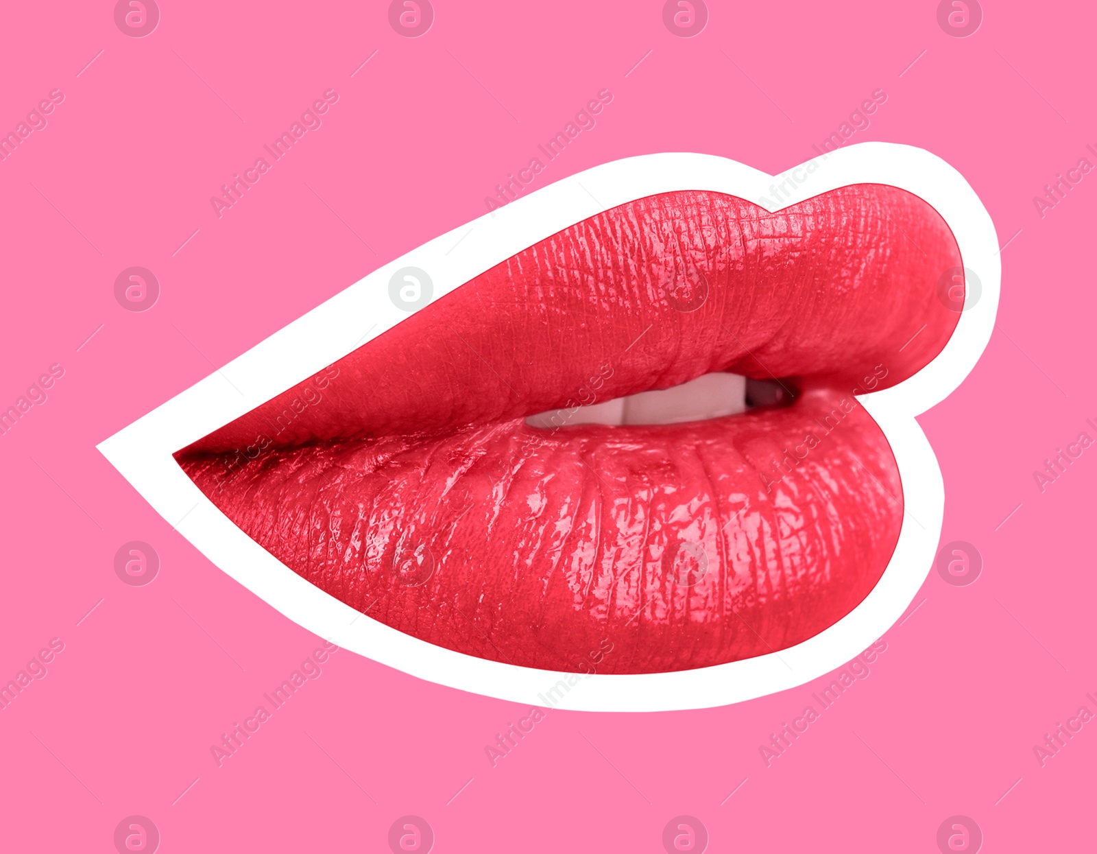 Image of Beautiful woman's lips with white outline on pink background. Magazine cutout, stylish design