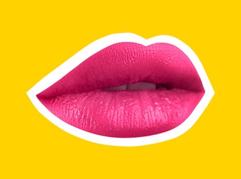 Image of Beautiful woman's lips with white outline on yellow background. Magazine cutout, stylish design