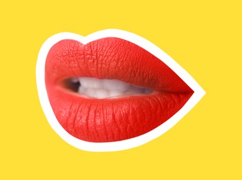 Image of Red woman's lips with white outline on yellow background. Magazine cutout, stylish design