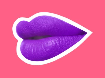 Image of Woman's lips with purple lipstick and white outline on pink background. Magazine cutout, stylish design