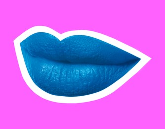Image of Woman's lips with blue lipstick and white outline on fuchsia color background. Magazine cutout, stylish design