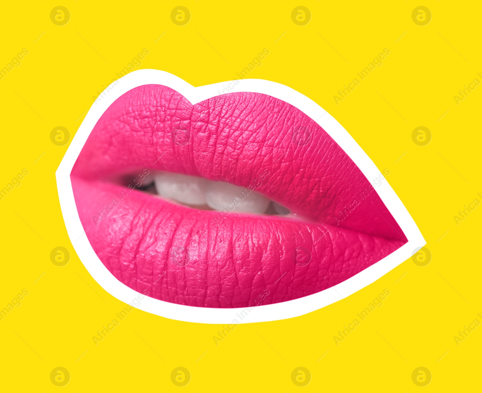 Image of Beautiful woman's lips with white outline on yellow background. Magazine cutout, stylish design